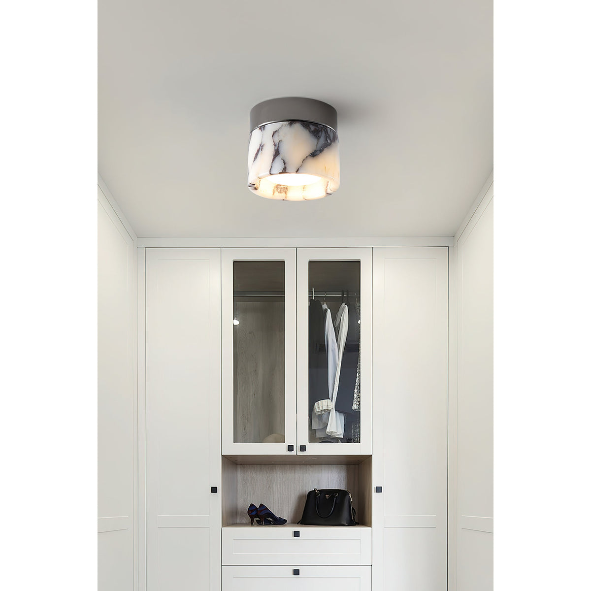 Compact Stone Flush-Mount Light Fixture with Natural Veining – Small Round Pendant for Entryway, Hallway & Bedroom | Thomler
