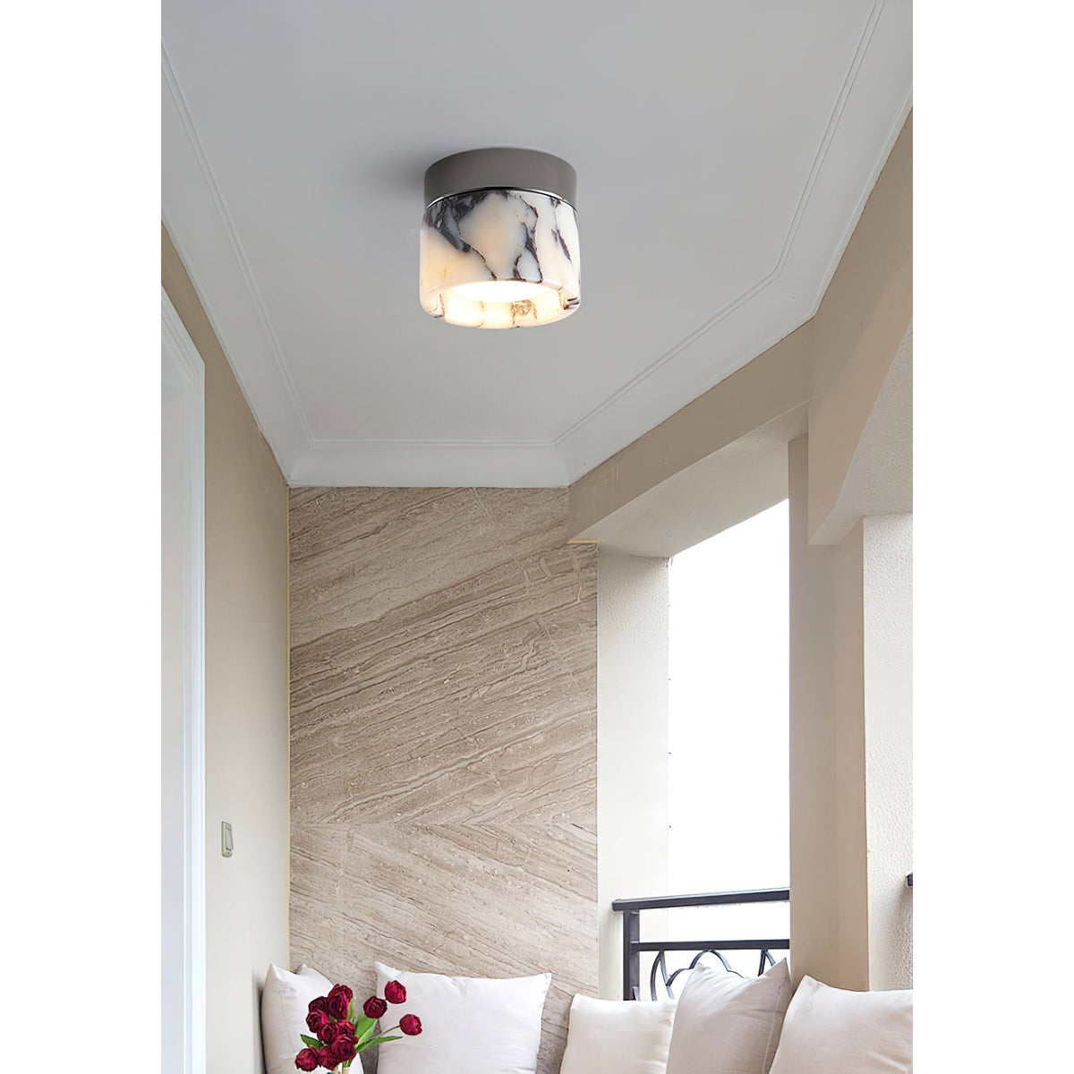 Compact Stone Flush-Mount Light Fixture with Natural Veining – Small Round Pendant for Entryway, Hallway & Bedroom | Thomler