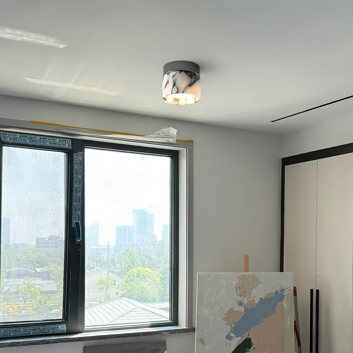 Compact Stone Flush-Mount Light Fixture with Natural Veining – Small Round Pendant for Entryway, Hallway & Bedroom | Thomler