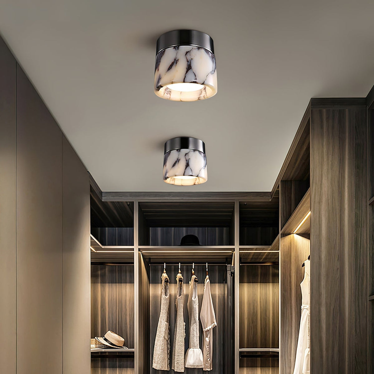 Compact Stone Flush-Mount Light Fixture with Natural Veining – Small Round Pendant for Entryway, Hallway & Bedroom | Thomler