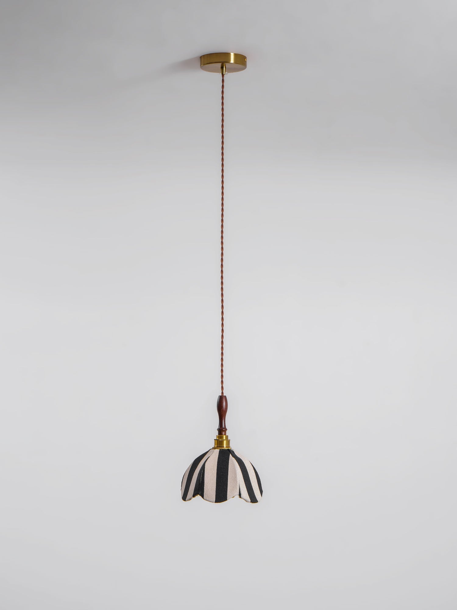 Pendant Light Wood 7.9 in Black White Striped Fabric Tulip Shape Dining Room Accent Lighting | Thomler