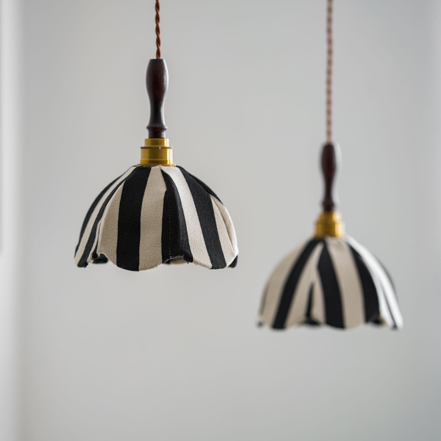 Pendant Light Wood 7.9 in Black White Striped Fabric Tulip Shape Dining Room Accent Lighting | Thomler
