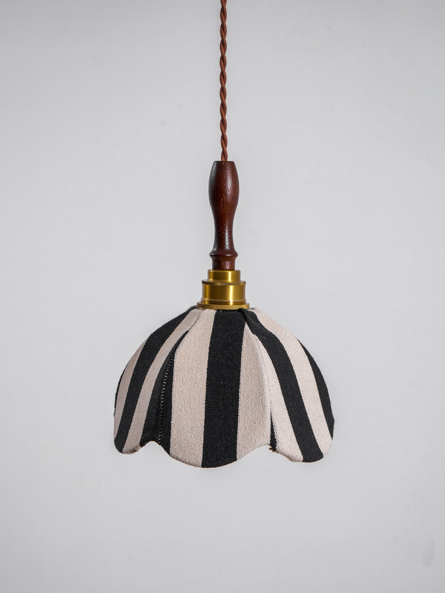 Pendant Light Wood 7.9 in Black White Striped Fabric Tulip Shape Dining Room Accent Lighting | Thomler