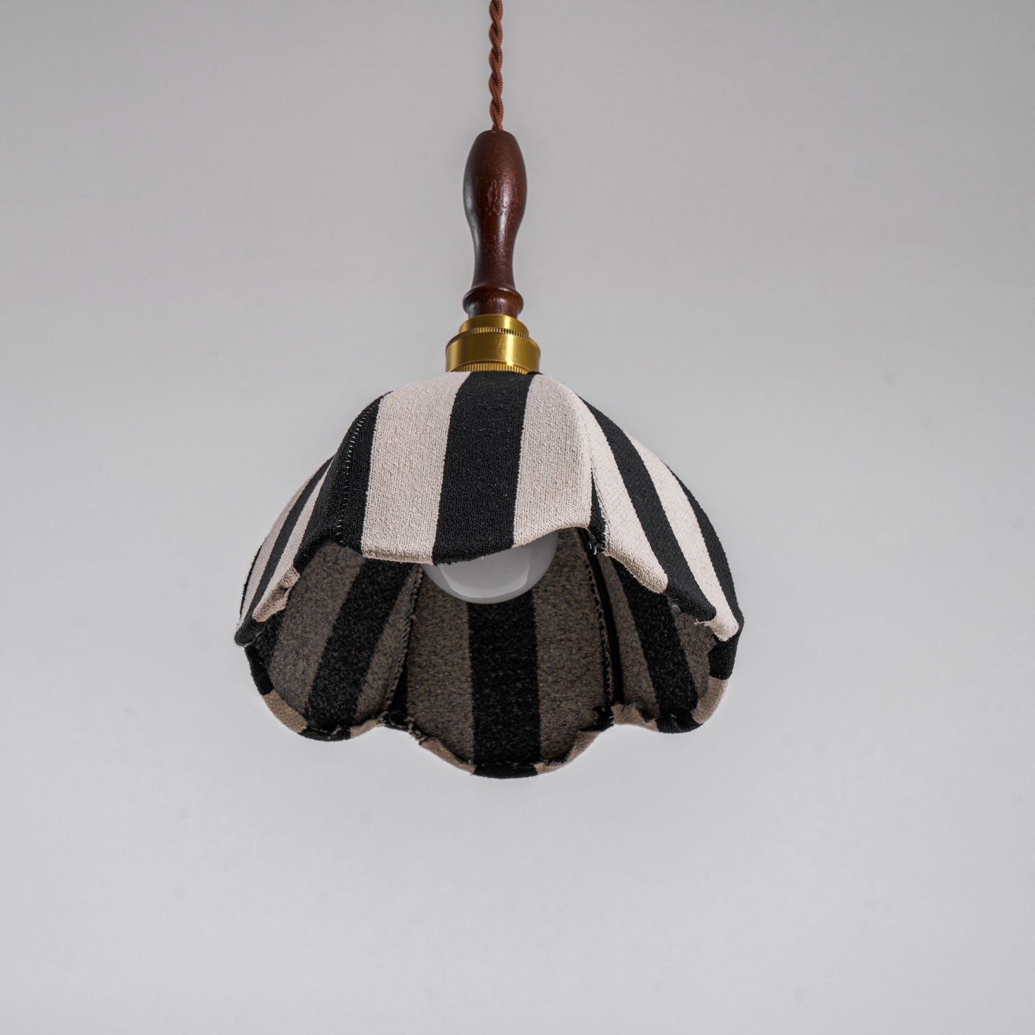 Pendant Light Wood 7.9 in Black White Striped Fabric Tulip Shape Dining Room Accent Lighting | Thomler