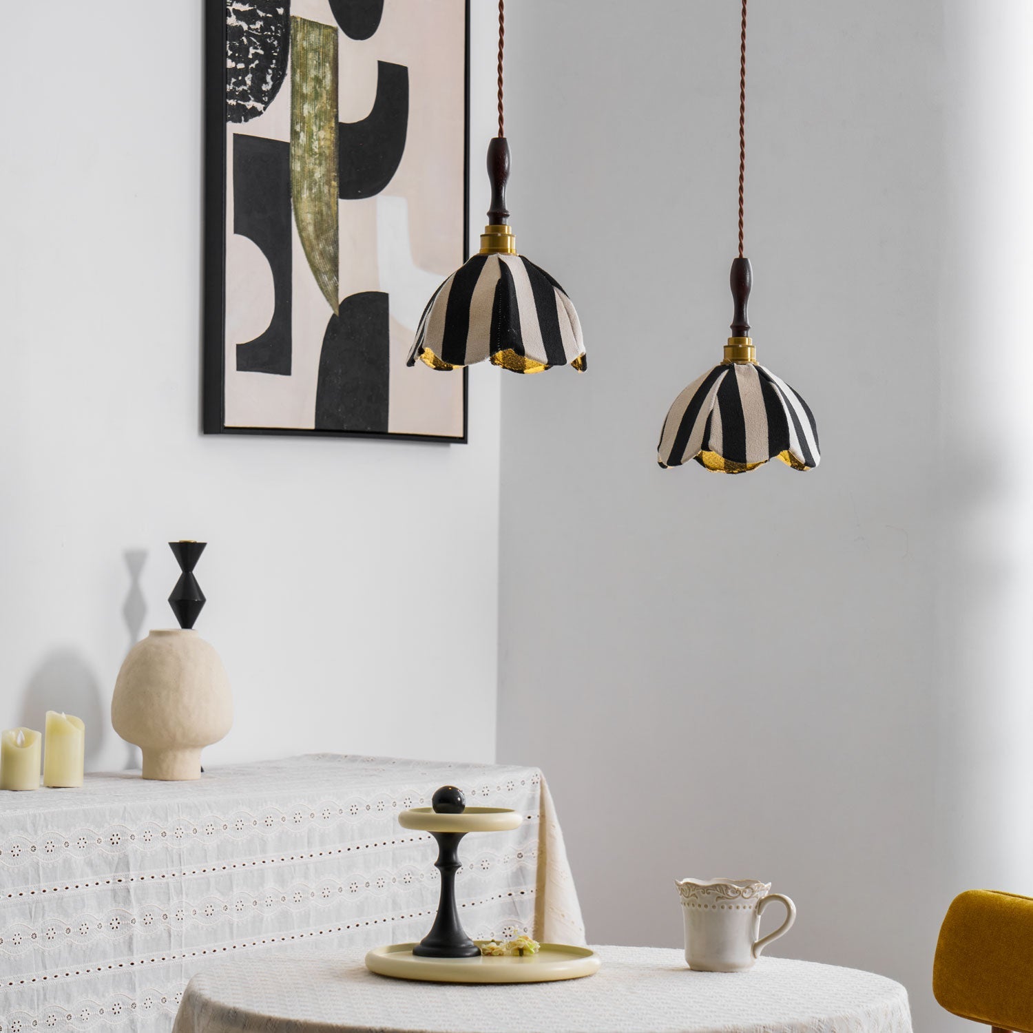Pendant Light Wood 7.9 in Black White Striped Fabric Tulip Shape Dining Room Accent Lighting | Thomler