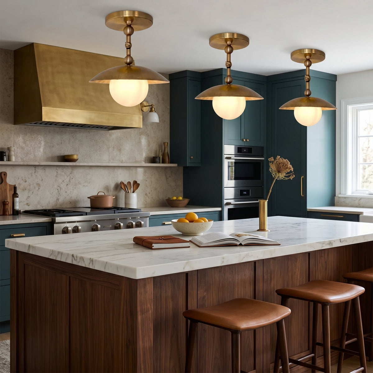 Semi-Flush Ceiling Light with Hand-Finished Brass and Glass or Alabaster Shade – 10 in – Hardwired Ceiling Fixture for Kitchen, Hallway | Thomler