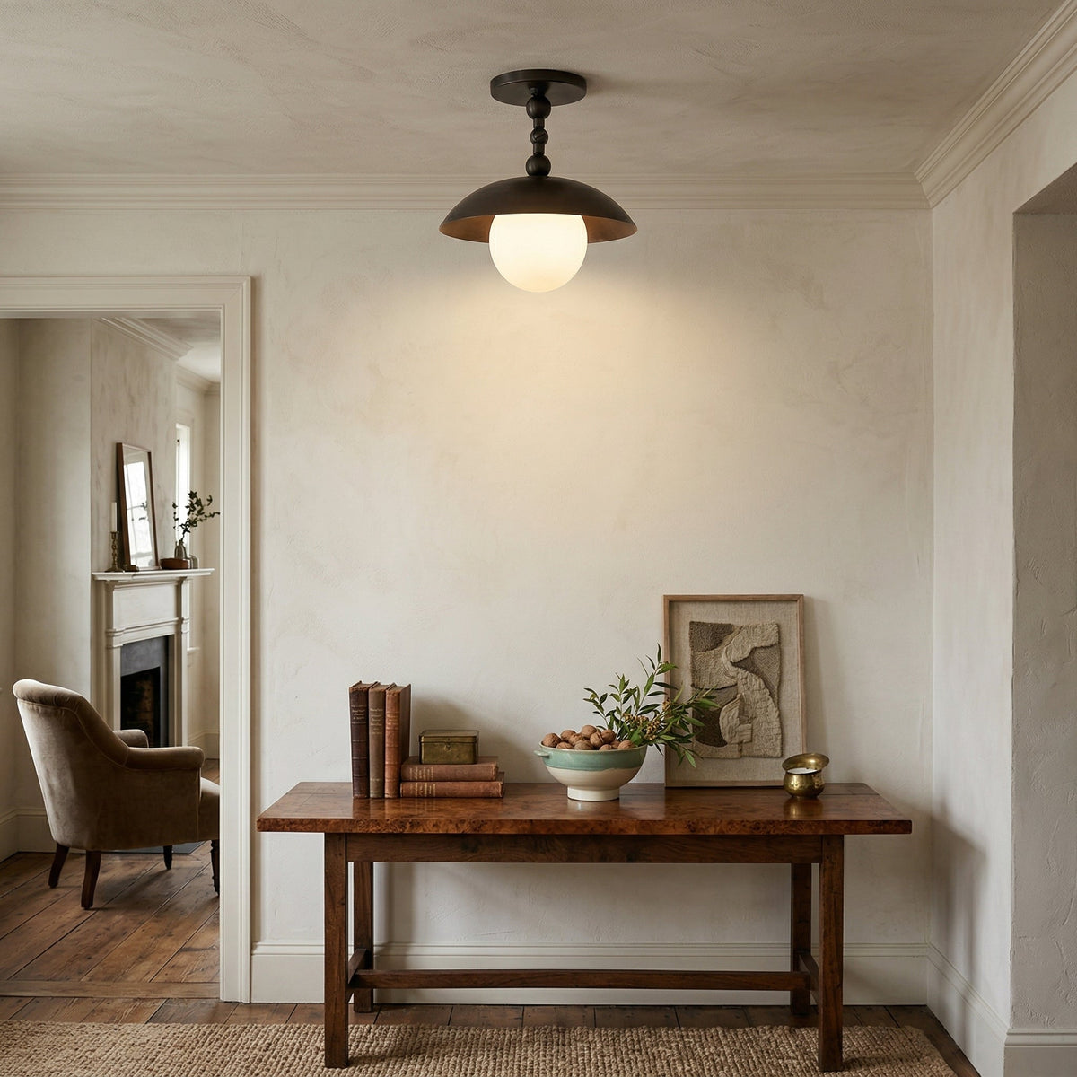 Semi-Flush Ceiling Light with Hand-Finished Brass and Glass or Alabaster Shade – 10 in – Hardwired Ceiling Fixture for Kitchen, Hallway | Thomler
