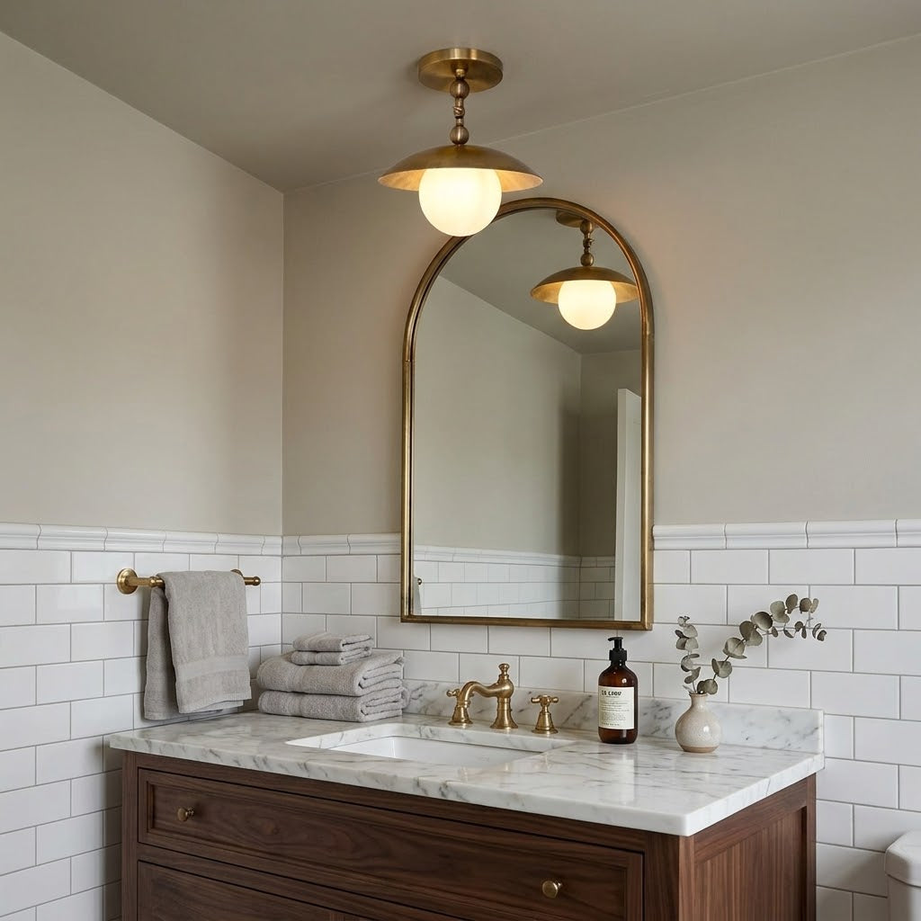 Semi-Flush Ceiling Light with Hand-Finished Brass and Glass or Alabaster Shade – 10 in – Hardwired Ceiling Fixture for Kitchen, Hallway | Thomler
