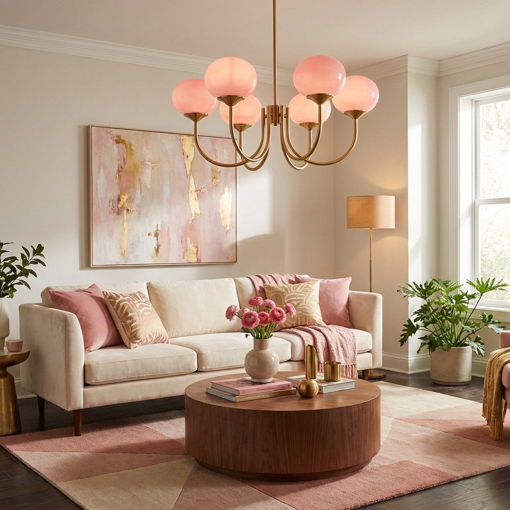 Modern Pink Glass Ceiling Light 18.1 in 3-5 Head Indoor Fixture Copper Chrome Finish Living Room Dining Room Bedroom Lighting | Thomler