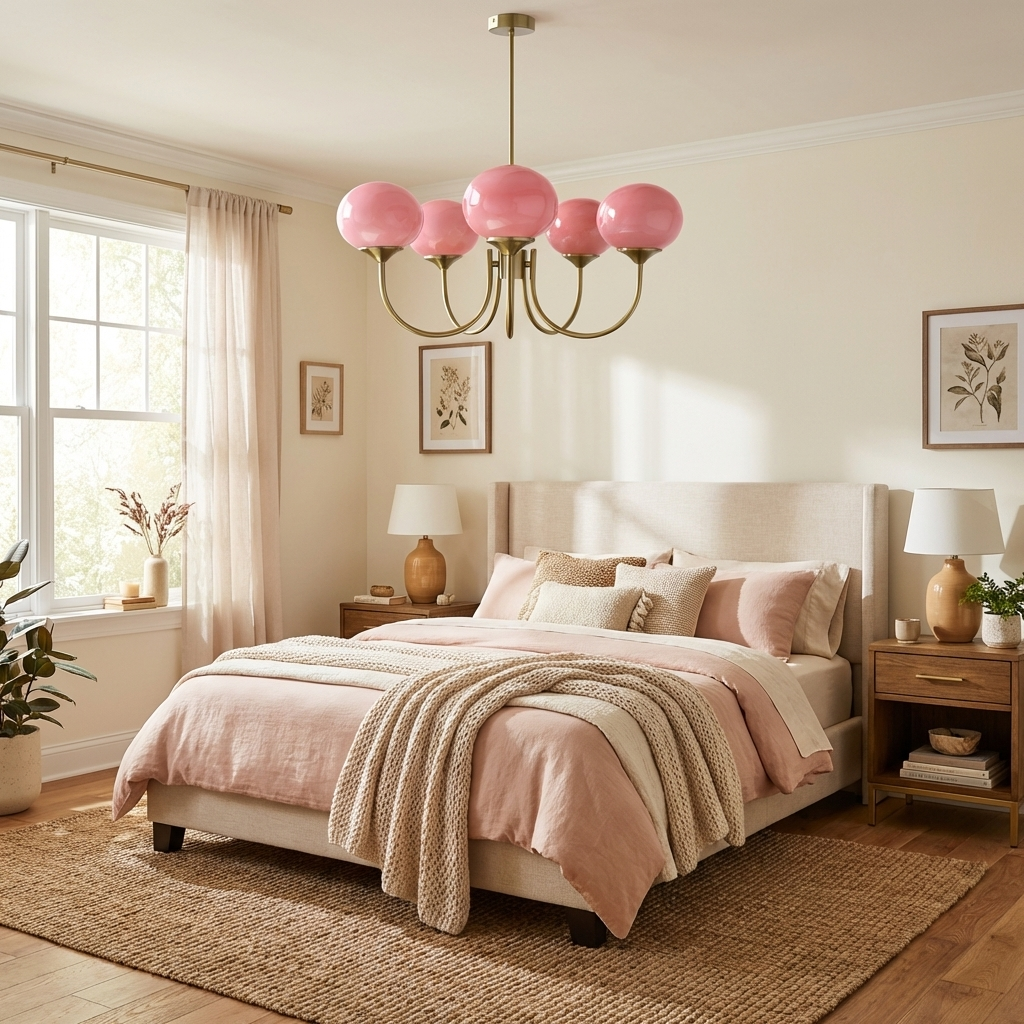 Modern Pink Glass Ceiling Light 18.1 in 3-5 Head Indoor Fixture Copper Chrome Finish Living Room Dining Room Bedroom Lighting | Thomler
