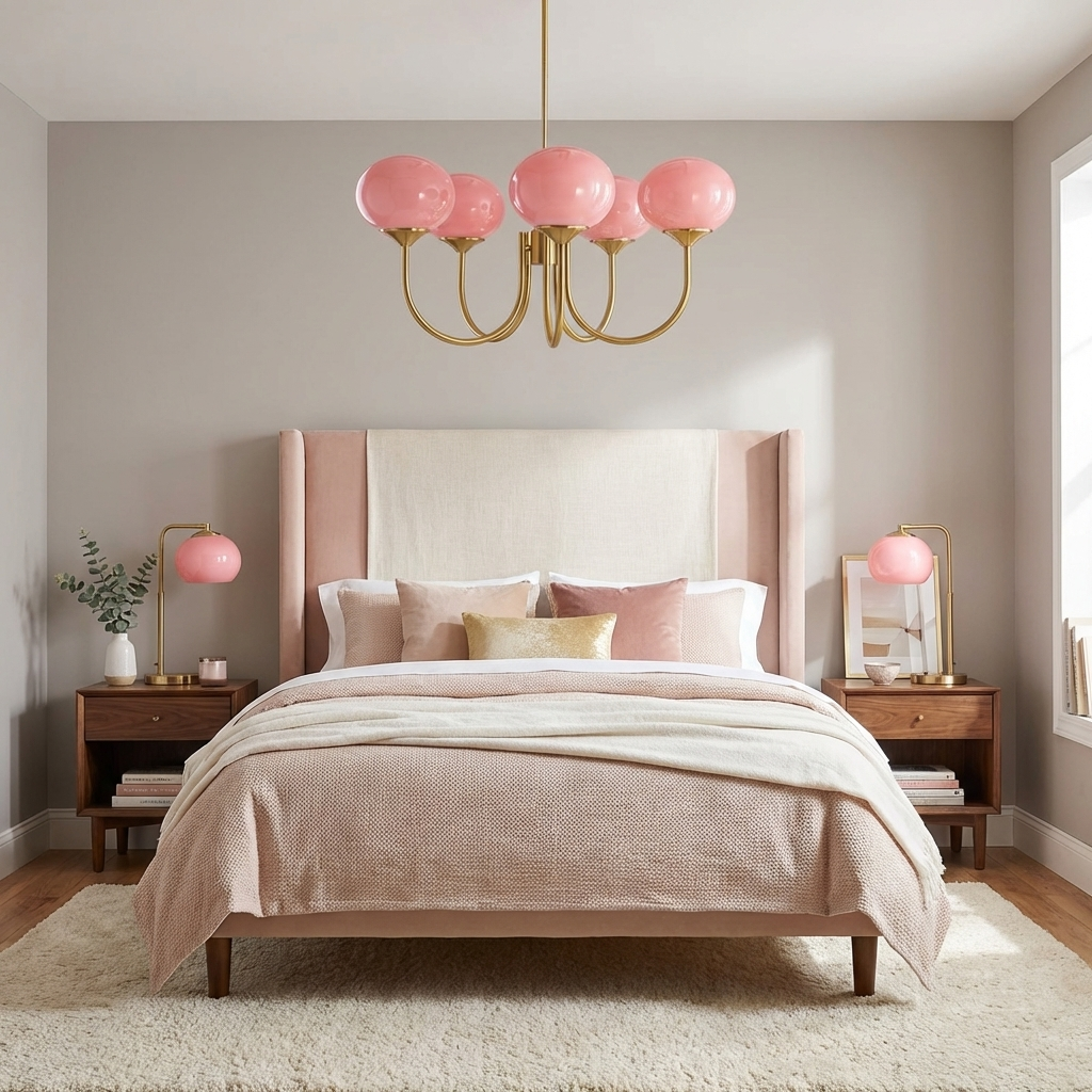 Modern Pink Glass Ceiling Light 18.1 in 3-5 Head Indoor Fixture Copper Chrome Finish Living Room Dining Room Bedroom Lighting | Thomler