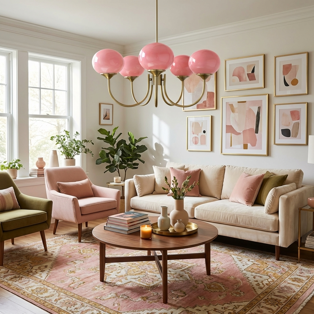 Modern Pink Glass Ceiling Light 18.1 in 3-5 Head Indoor Fixture Copper Chrome Finish Living Room Dining Room Bedroom Lighting | Thomler