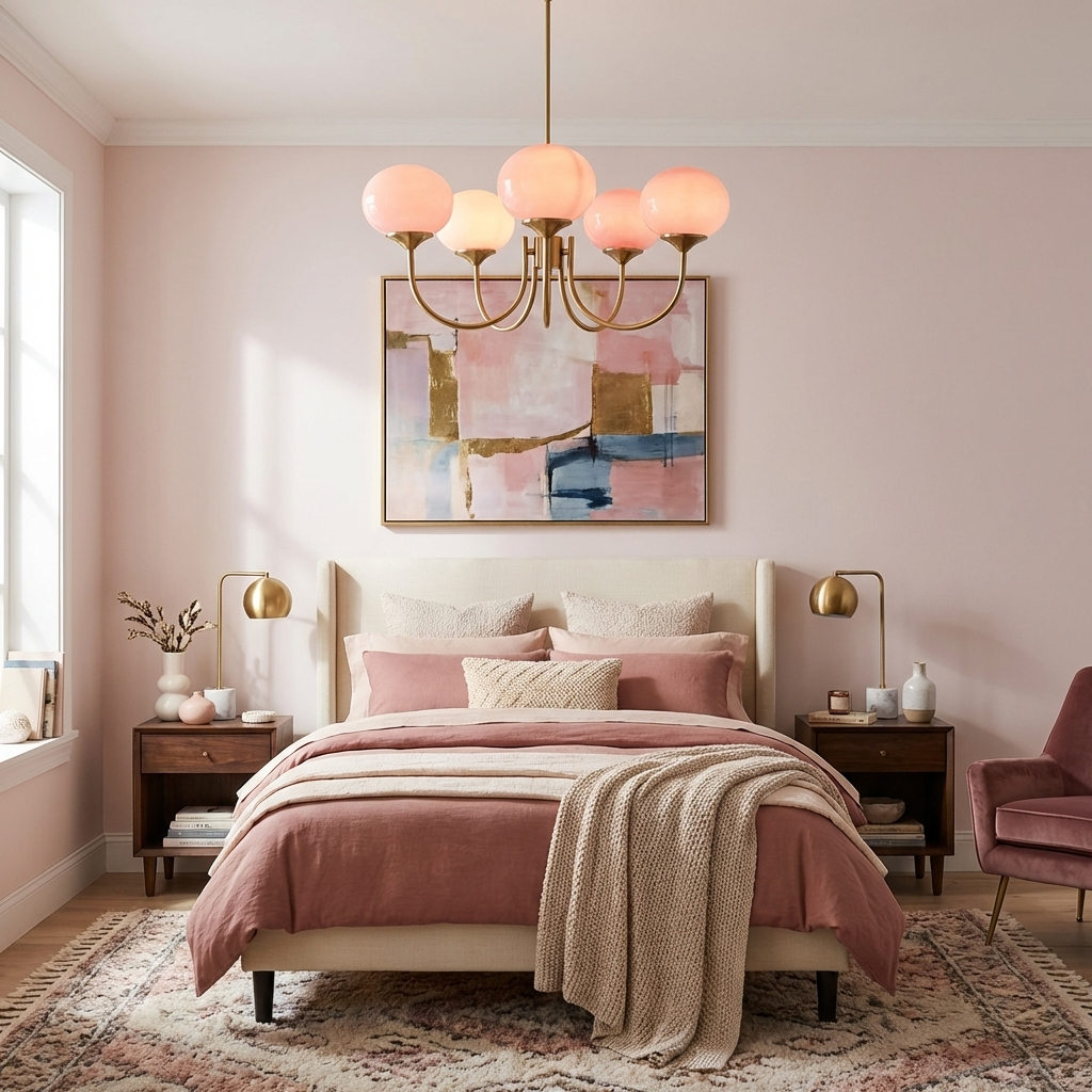 Modern Pink Glass Ceiling Light 18.1 in 3-5 Head Indoor Fixture Copper Chrome Finish Living Room Dining Room Bedroom Lighting | Thomler