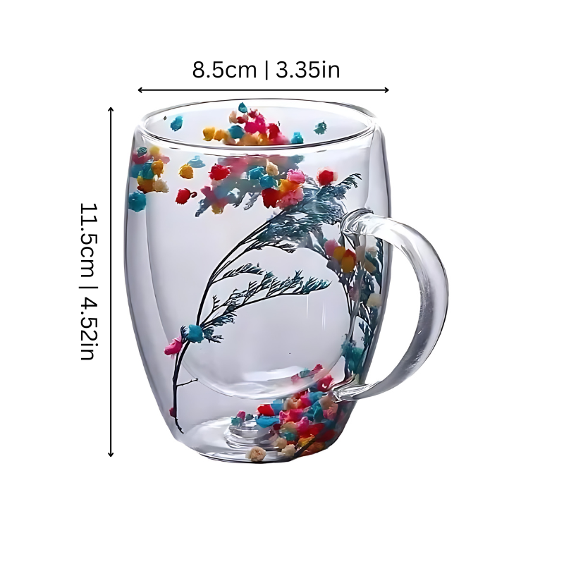Double Wall Glass Coffee Mug with Real Dried Flowers – Insulated Cappuccino Cup for Hot & Cold Drinks, 10.5 oz Borosilicate Glass Tea Mug | Thomler