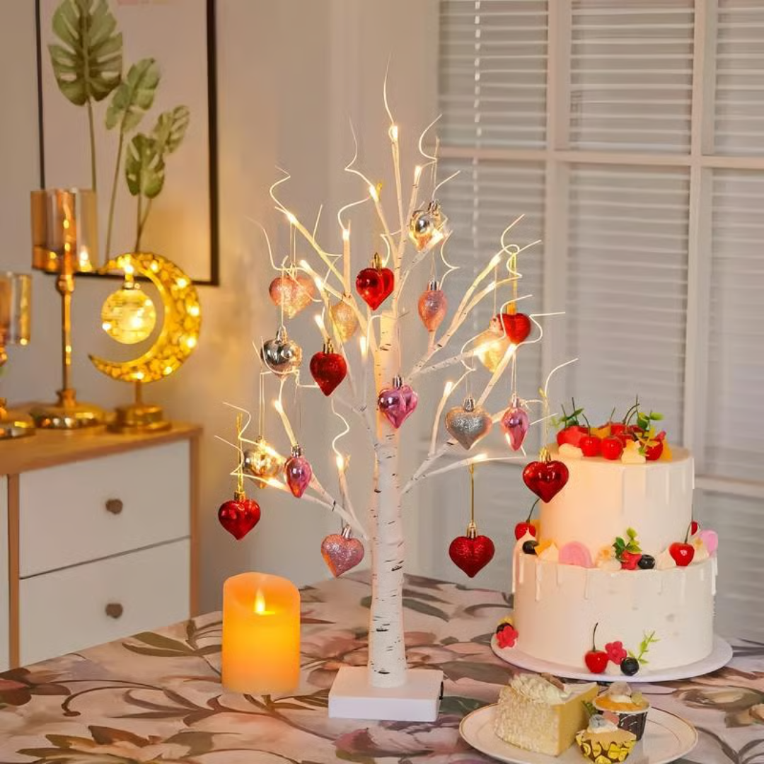Illuminated Birch Tree Lamp with 18 Heart Ornaments – Battery or USB Powered Light for Bedroom, Living Room & Office | Thomler