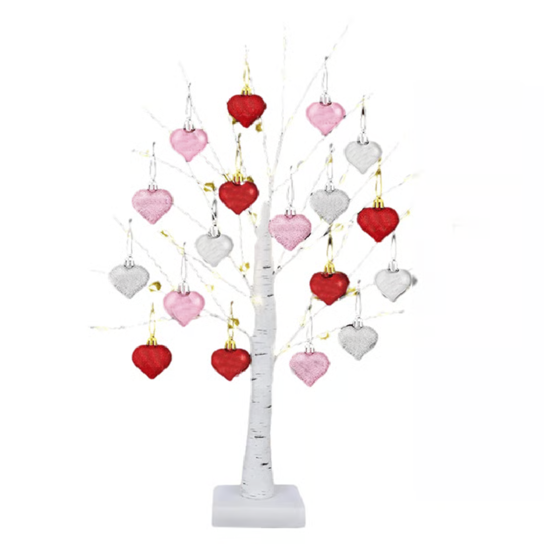 Illuminated Birch Tree Lamp with 18 Heart Ornaments – Battery or USB Powered Light for Bedroom, Living Room & Office | Thomler