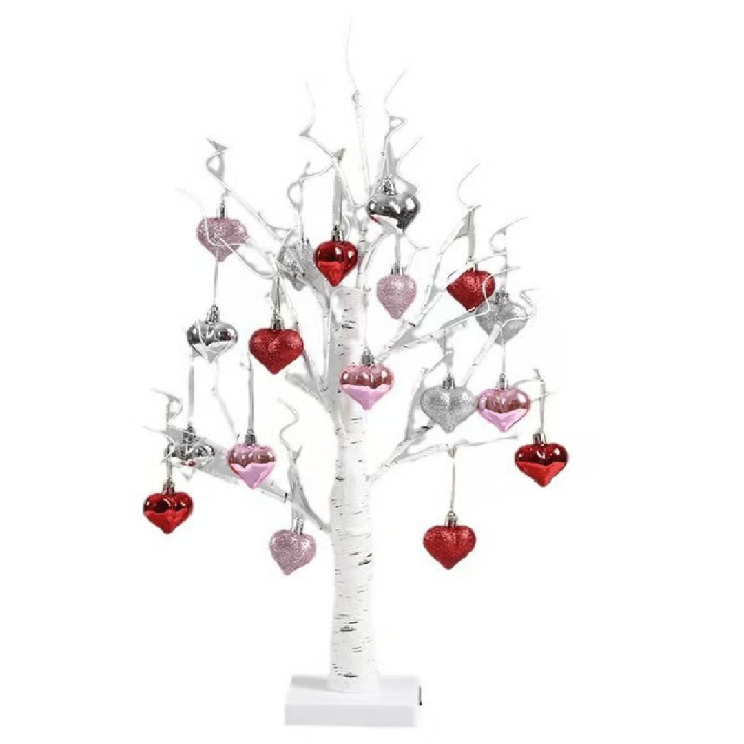 Illuminated Birch Tree Lamp with 18 Heart Ornaments – Battery or USB Powered Light for Bedroom, Living Room & Office | Thomler