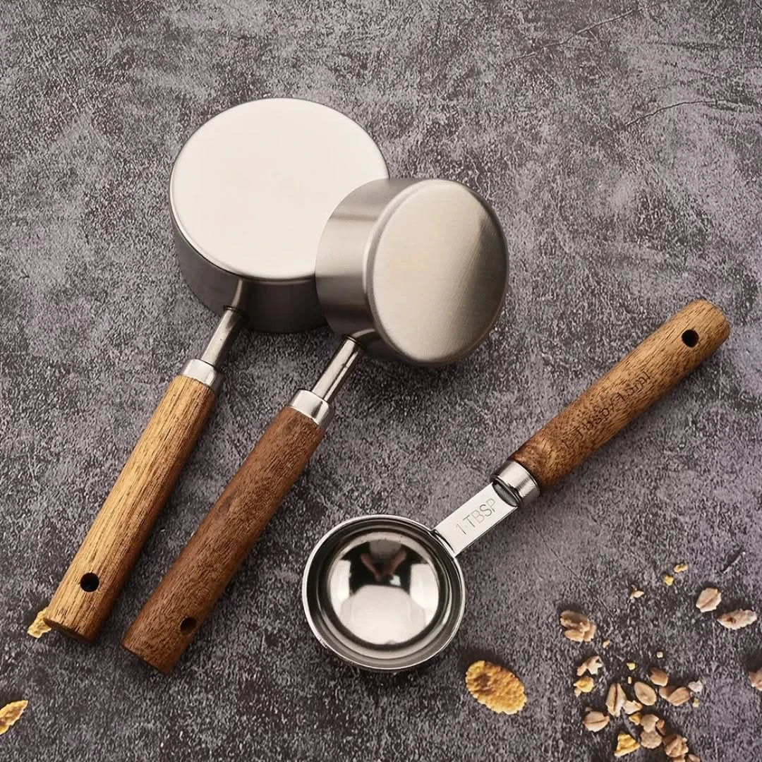 Stainless Steel Measuring Spoons with Wooden Handles – 4-Piece Baking & Cooking Utensil Set, Clear Metric Markings, Dishwasher Safe | Thomler
