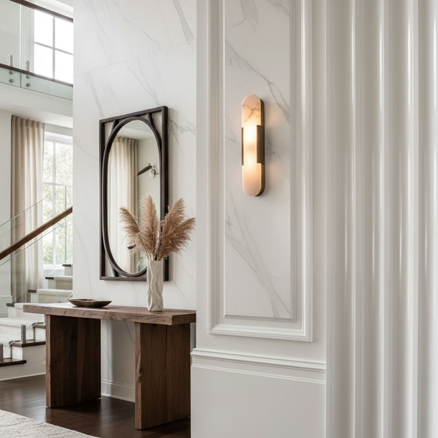Melange Elongated Alabaster Wall Lamp 13.8 in White Brass Indoor Lighting Decorative Modern Sconce | Thomler