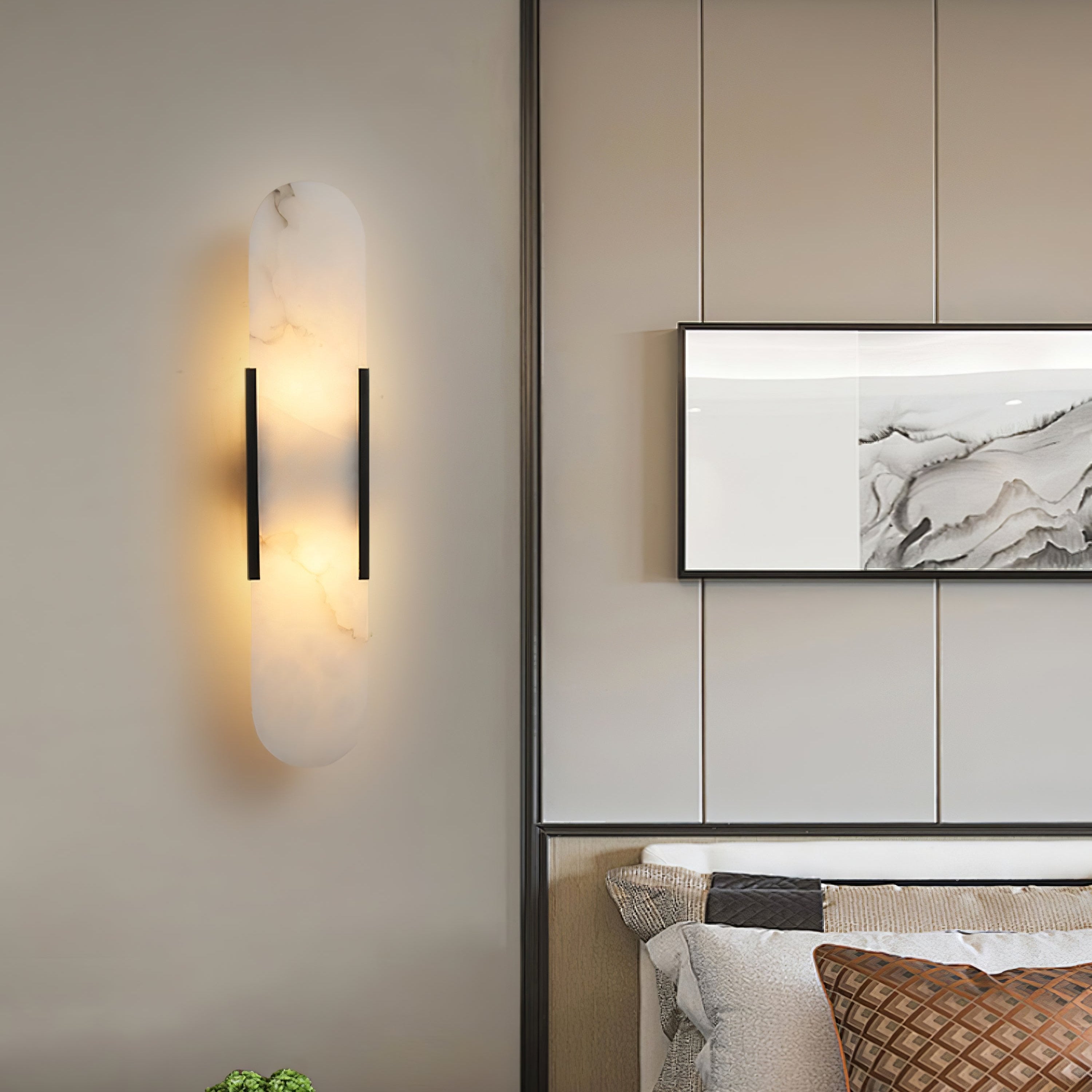 Melange Elongated Alabaster Wall Lamp 13.8 in White Brass Indoor Lighting Decorative Modern Sconce | Thomler