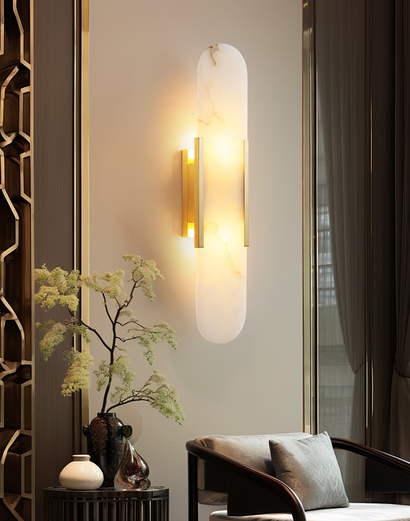 Melange Elongated Alabaster Wall Lamp 13.8 in White Brass Indoor Lighting Decorative Modern Sconce | Thomler