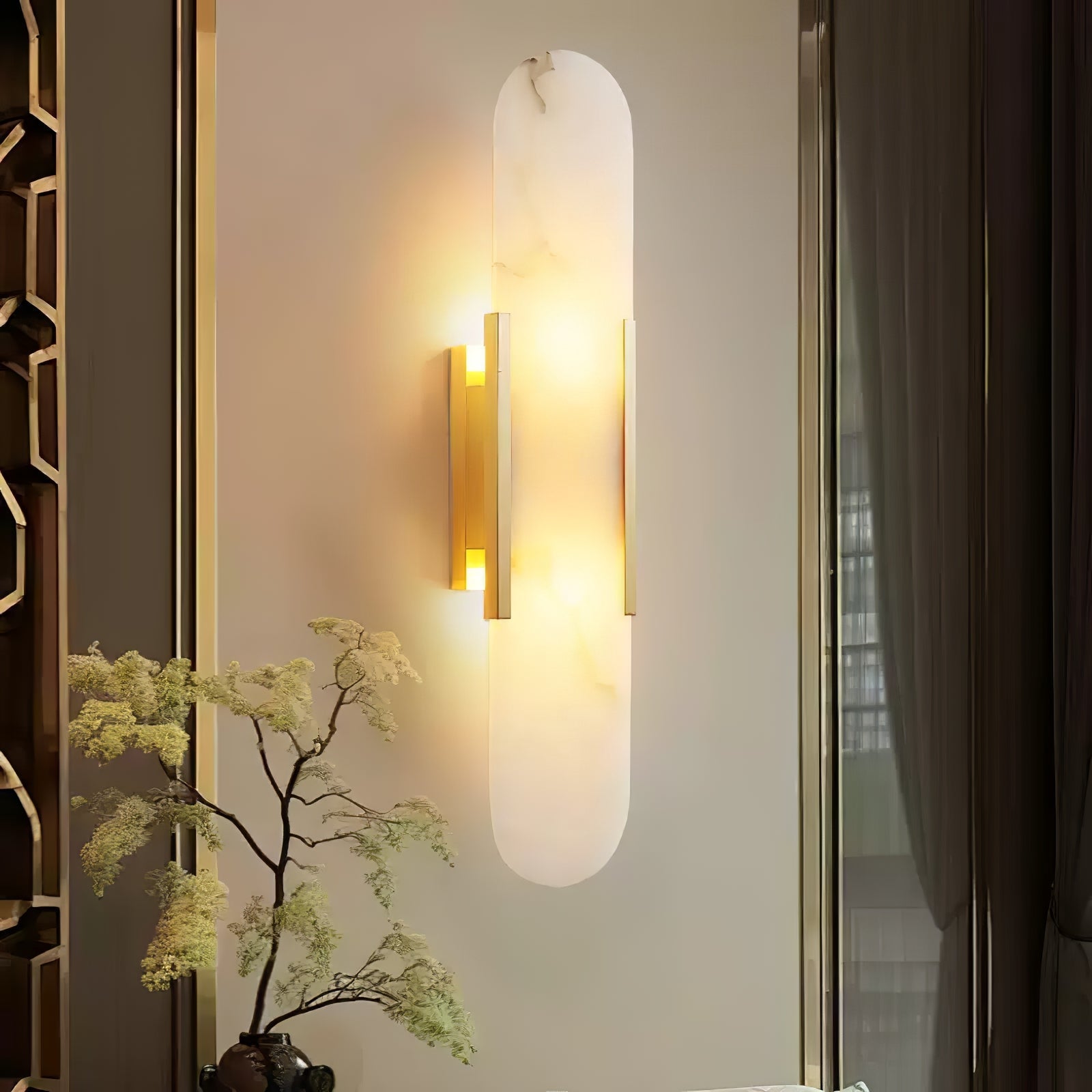 Melange Elongated Alabaster Wall Lamp 13.8 in White Brass Indoor Lighting Decorative Modern Sconce | Thomler