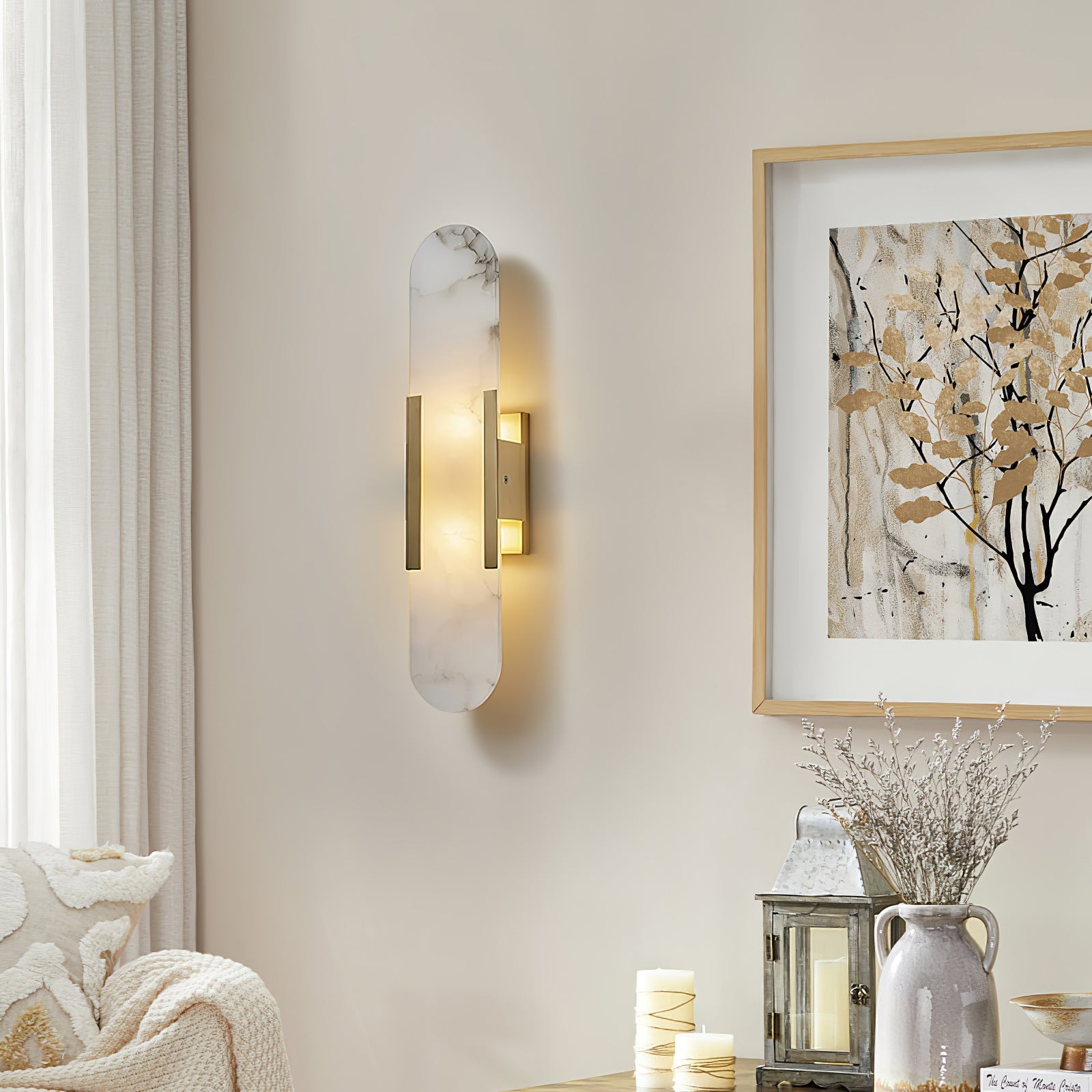 Melange Elongated Alabaster Wall Lamp 13.8 in White Brass Indoor Lighting Decorative Modern Sconce | Thomler