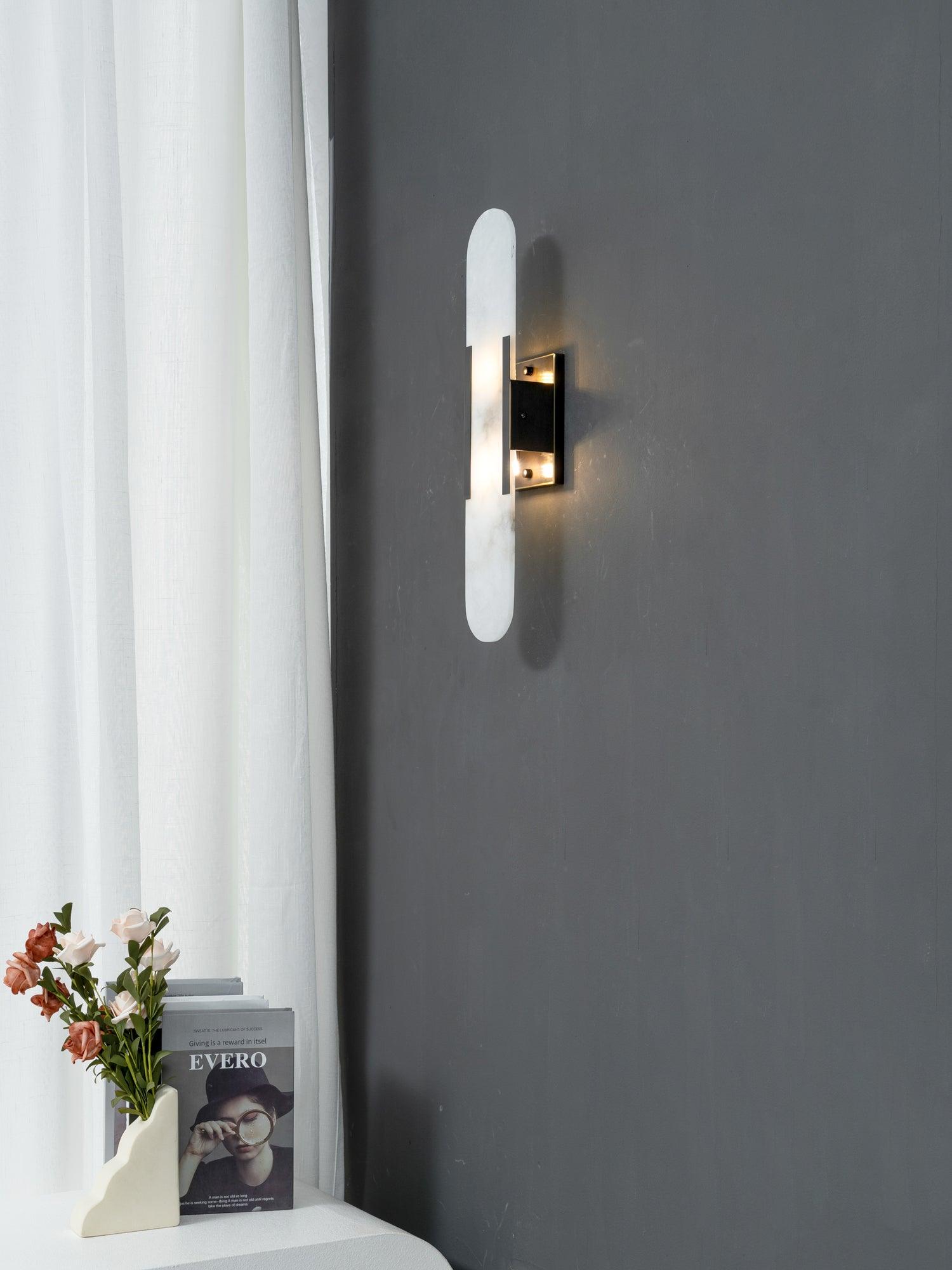 Melange Elongated Alabaster Wall Lamp 13.8 in White Brass Indoor Lighting Decorative Modern Sconce | Thomler
