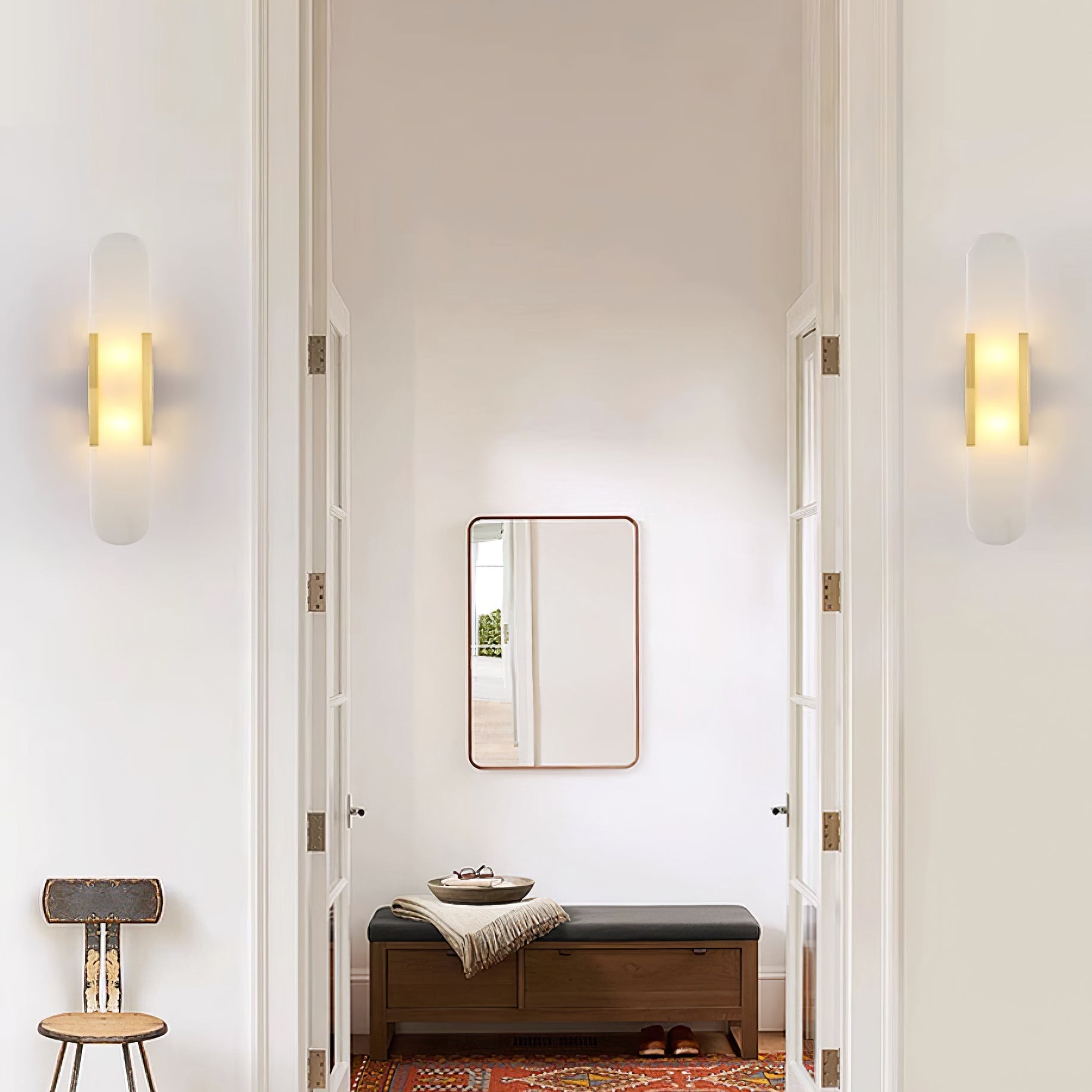 Melange Elongated Alabaster Wall Lamp 13.8 in White Brass Indoor Lighting Decorative Modern Sconce | Thomler