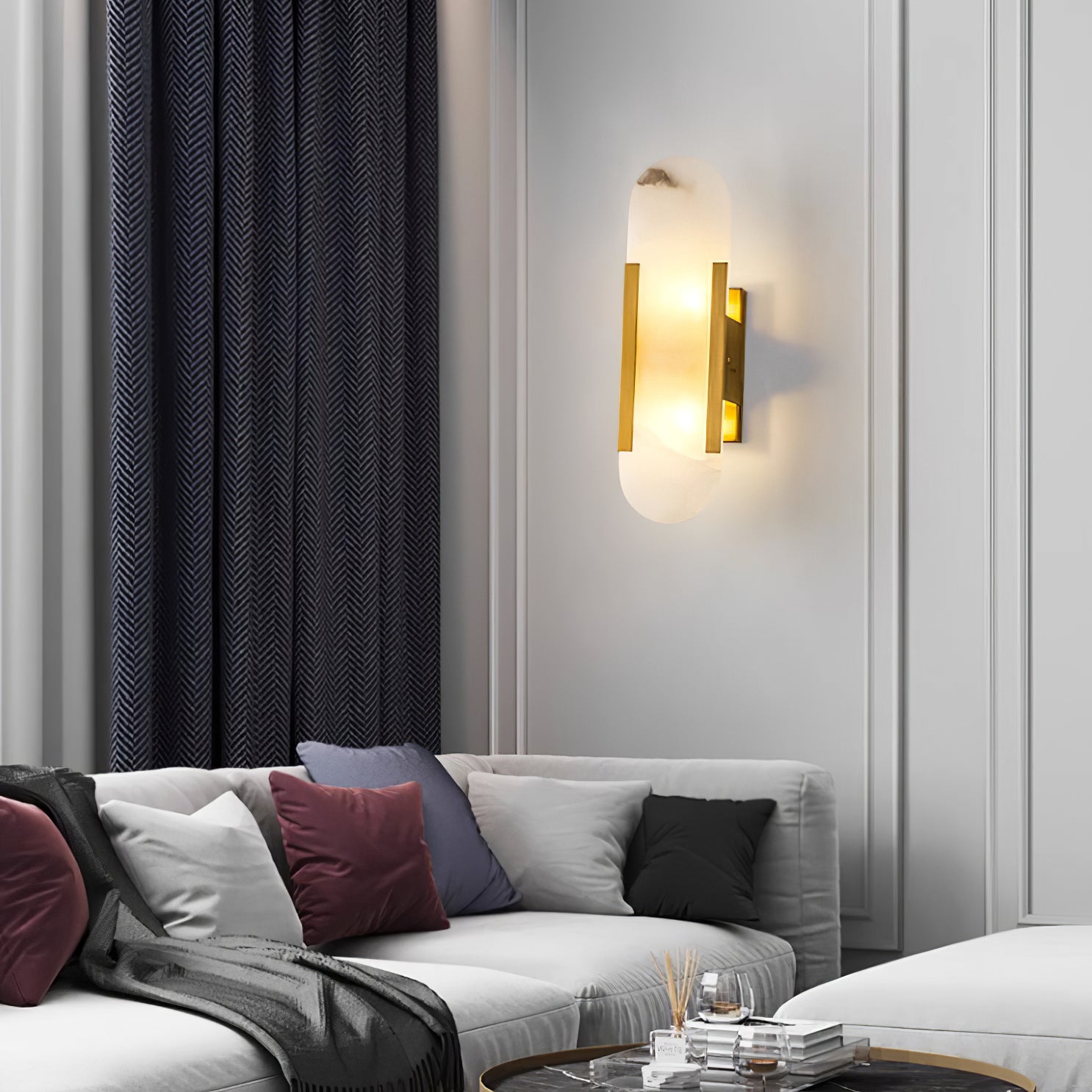 Melange Elongated Alabaster Wall Lamp 13.8 in White Brass Indoor Lighting Decorative Modern Sconce | Thomler