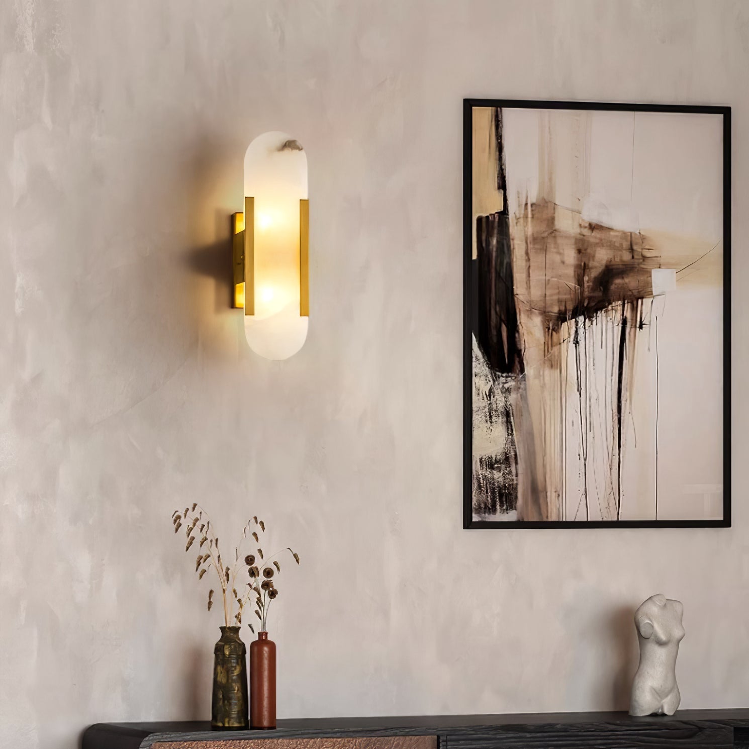 Melange Elongated Alabaster Wall Lamp 13.8 in White Brass Indoor Lighting Decorative Modern Sconce | Thomler