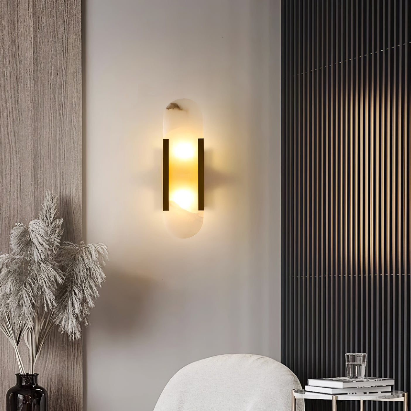 Melange Elongated Alabaster Wall Lamp 13.8 in White Brass Indoor Lighting Decorative Modern Sconce | Thomler