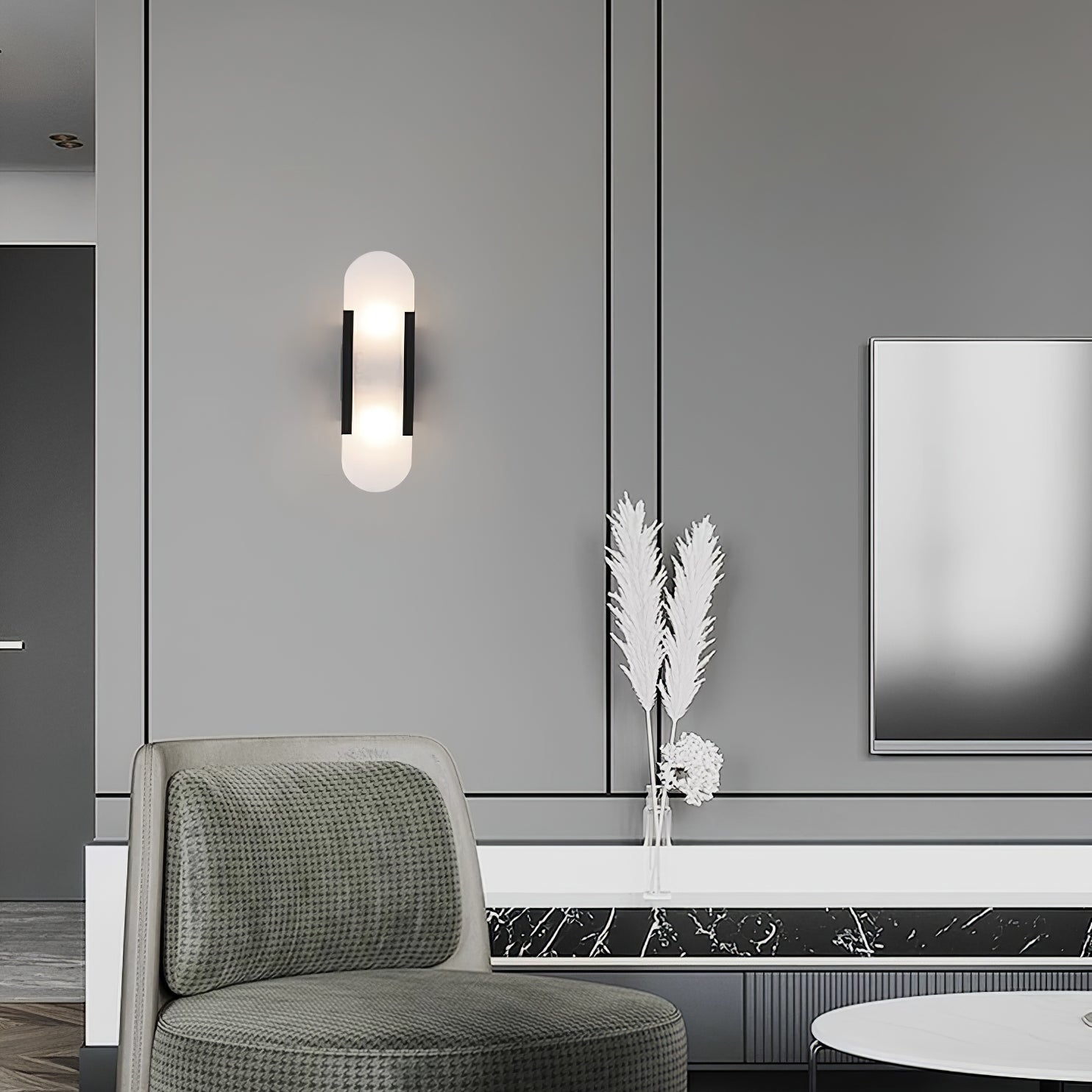 Melange Elongated Alabaster Wall Lamp 13.8 in White Brass Indoor Lighting Decorative Modern Sconce | Thomler