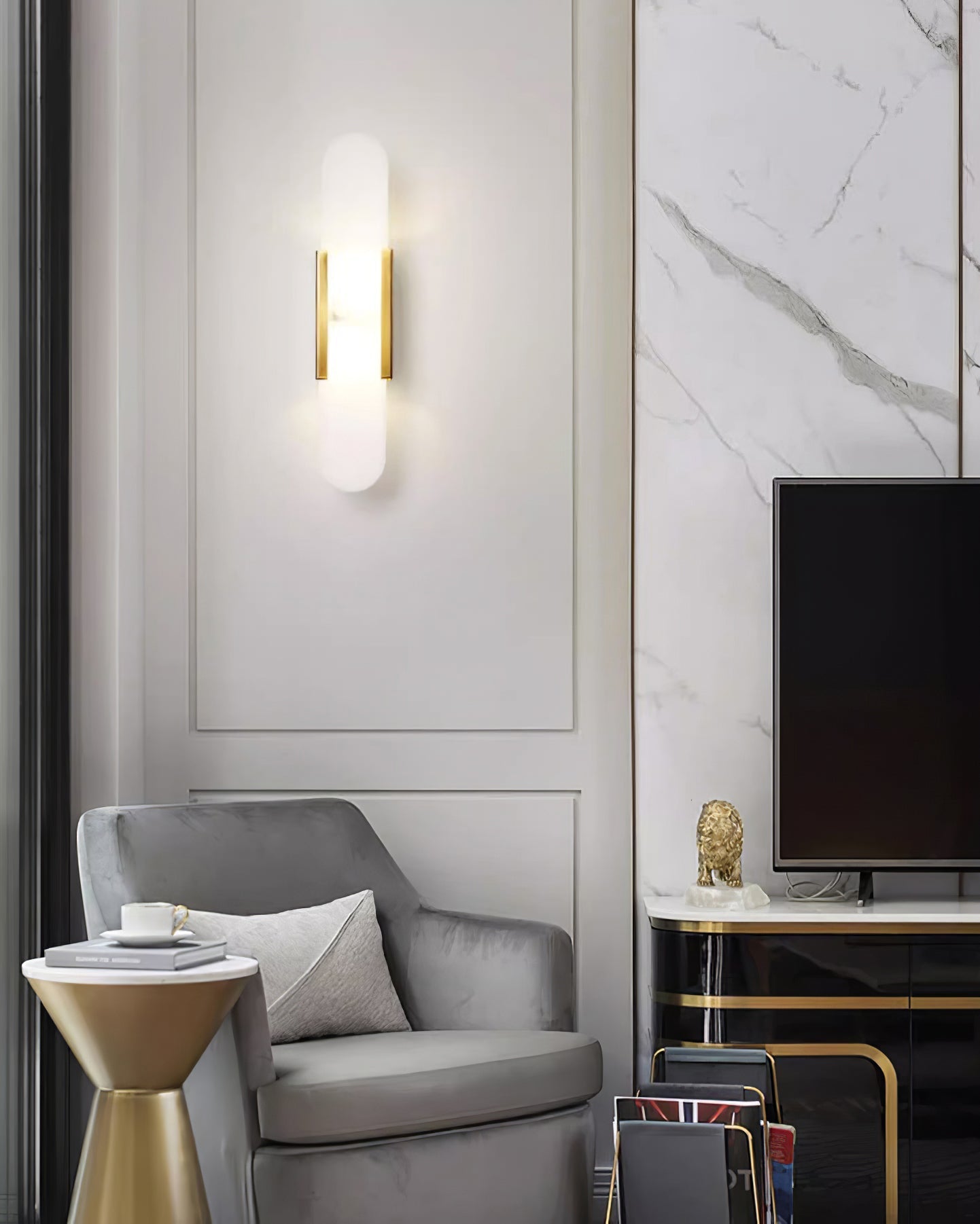Melange Elongated Alabaster Wall Lamp 13.8 in White Brass Indoor Lighting Decorative Modern Sconce | Thomler