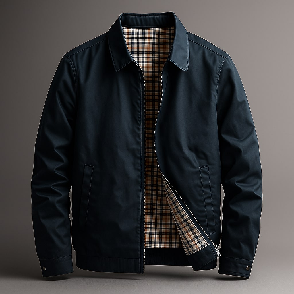 Zip-Front Cotton Jacket with Tartan Lining for Men – Sharp Collar & Flat-Pocket Shell | Thomler