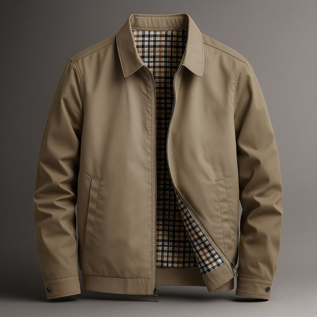 Zip-Front Cotton Jacket with Tartan Lining for Men – Sharp Collar & Flat-Pocket Shell | Thomler