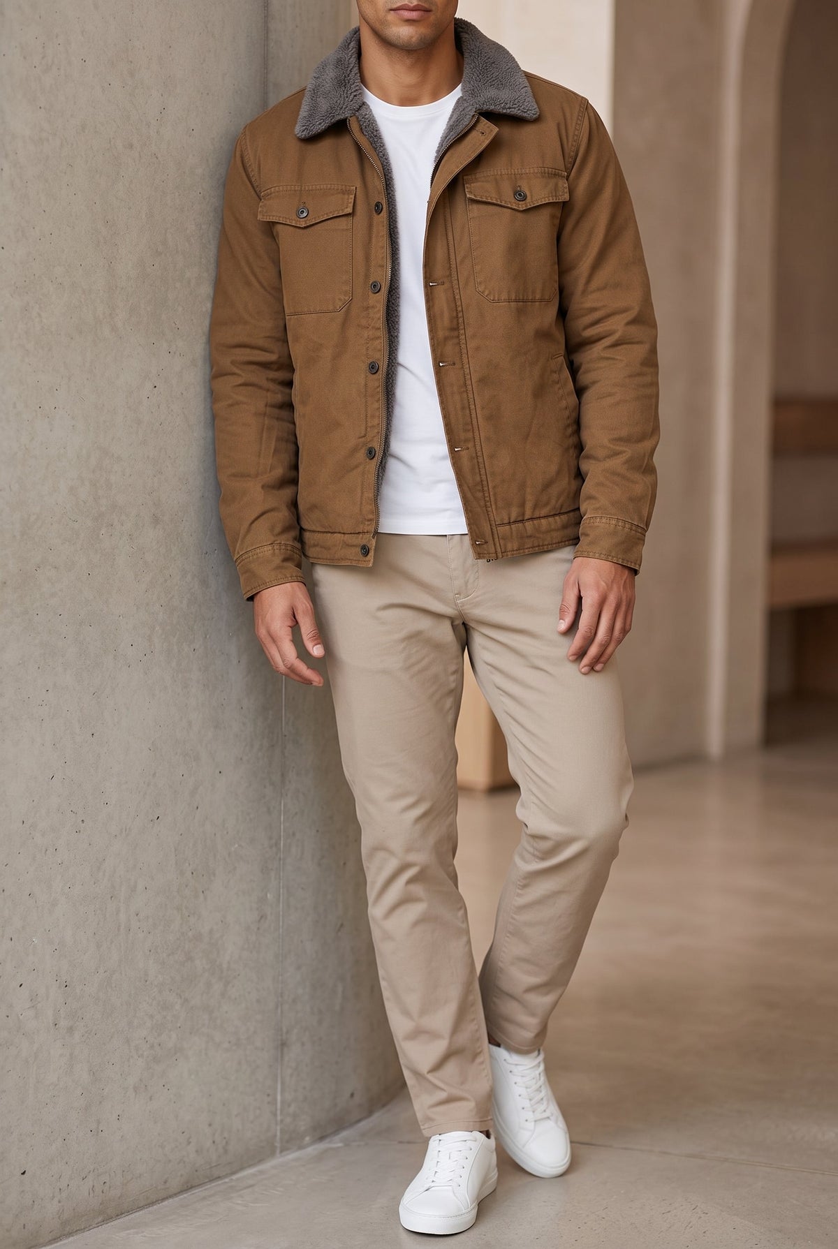 Hip-Length Faux Suede Jacket for Men – Classic Cowboy Collar, Snap-Front Design, Contrast Topstitching – Casual Western Outerwear | Thomler