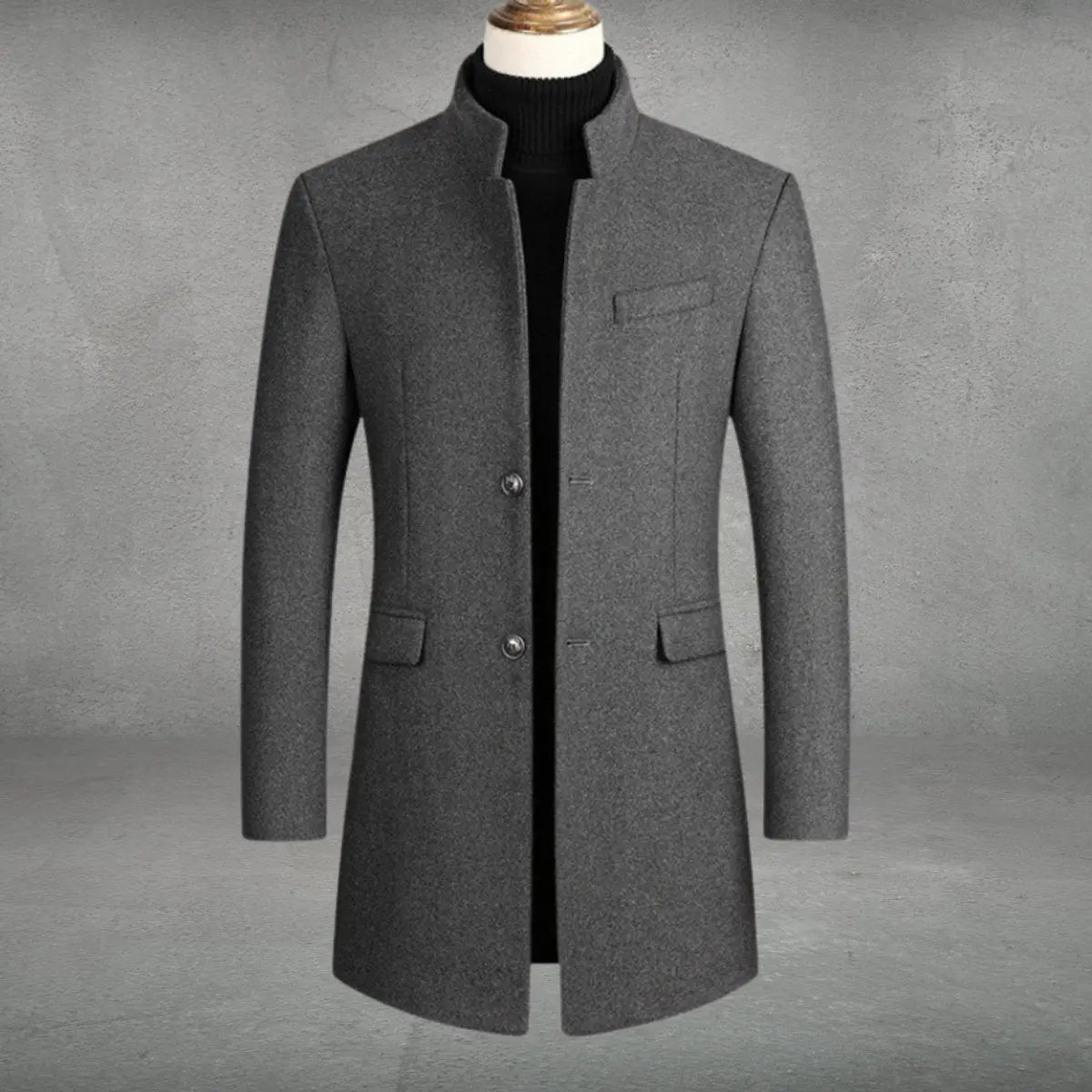Men's Upright Collar Dress Coat in Blended Wool – Streamlined Business Topcoat for Fall & Winter | Thomler