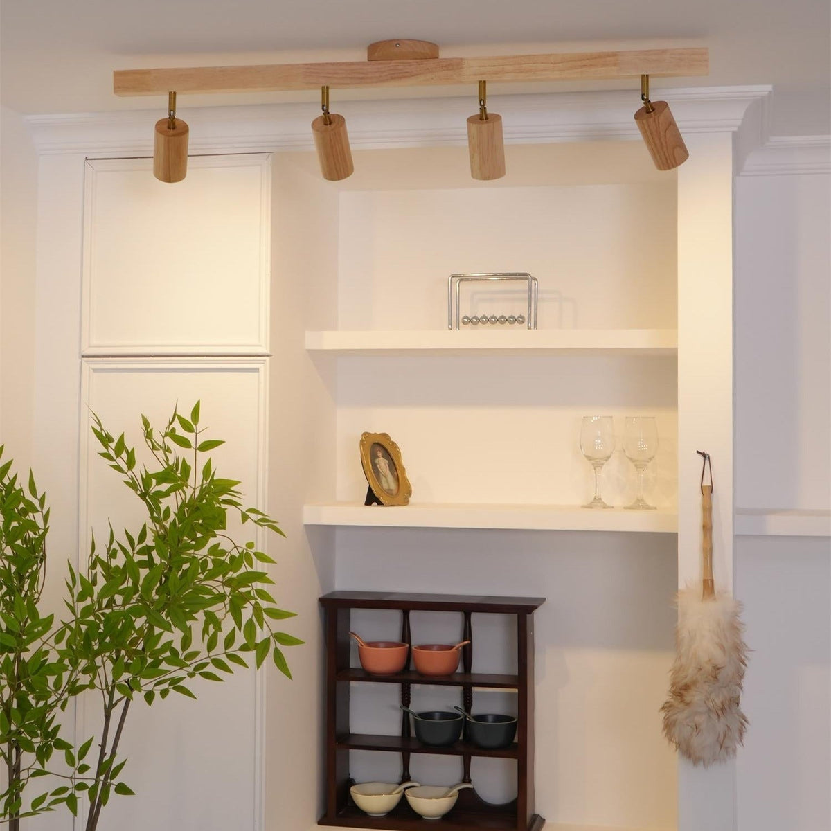 Adjustable Wooden Track Spotlight with Brass Accents for Modern Interior Accent Lighting | Thomler