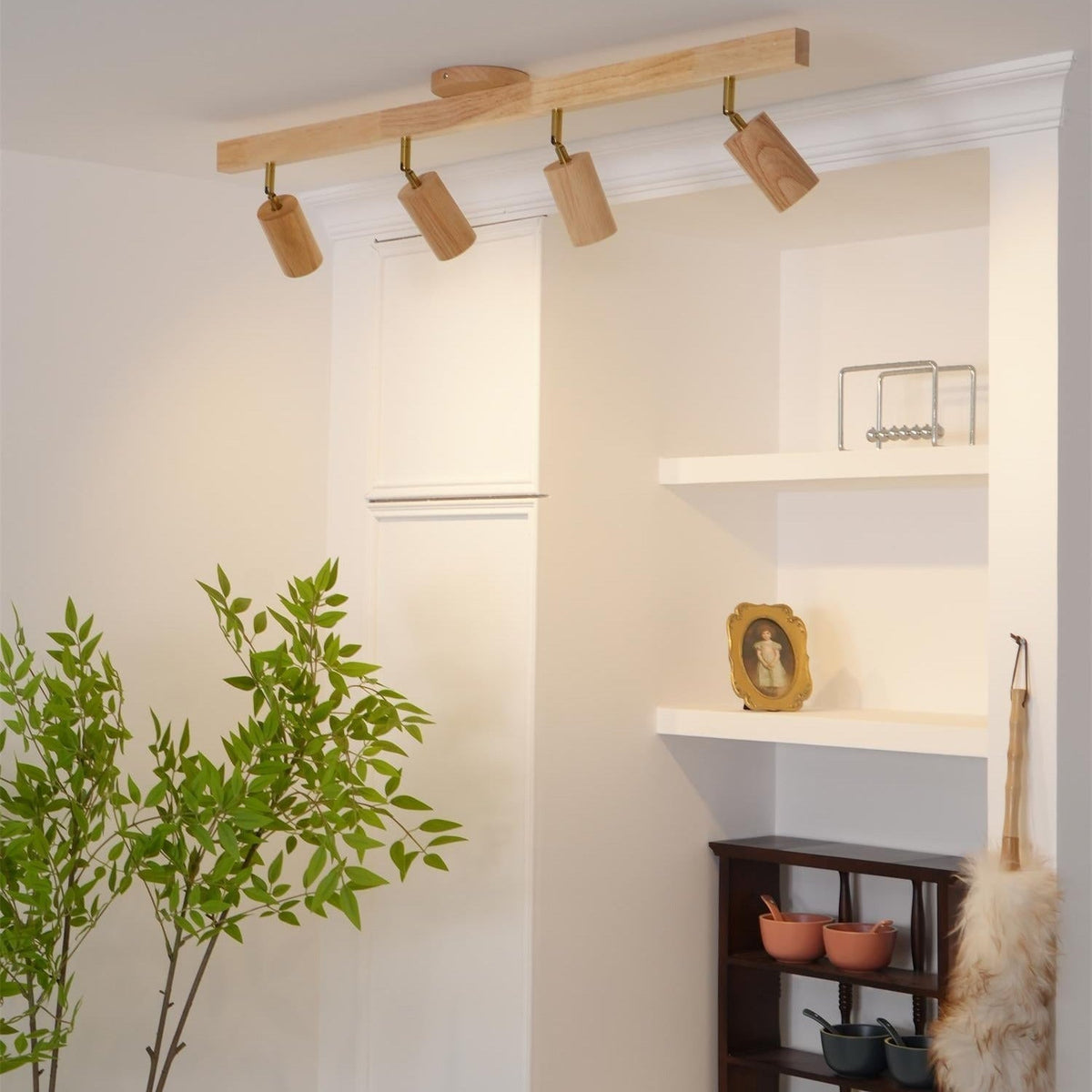 Adjustable Cylinder Track Lighting with Natural Walnut Frame – 2-5 Head Ceiling Spotlight for Kitchen, Gallery & Hallway | Thomler