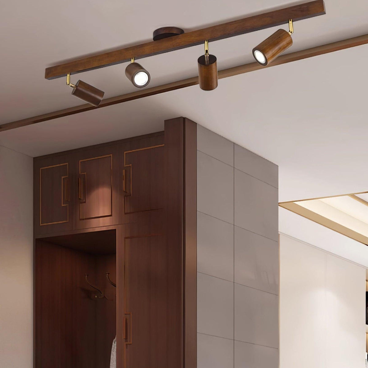 Adjustable Wooden Track Spotlight with Brass Accents for Modern Interior Accent Lighting | Thomler