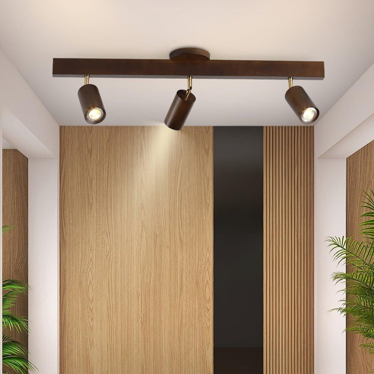 Adjustable Cylinder Track Lighting with Natural Walnut Frame – 2-5 Head Ceiling Spotlight for Kitchen, Gallery & Hallway | Thomler