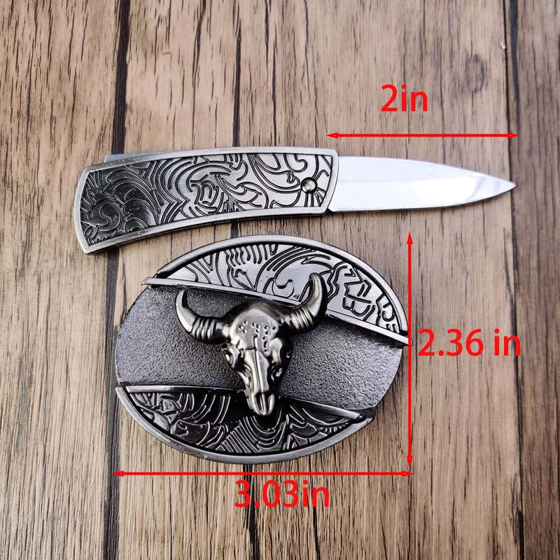Western Metal Belt Buckle with Hidden EDC Tool | Interchangeable Oval Designs for Men & Women | Fits 1.5 Inch Belts | Rodeo Ranch Country | Thomler