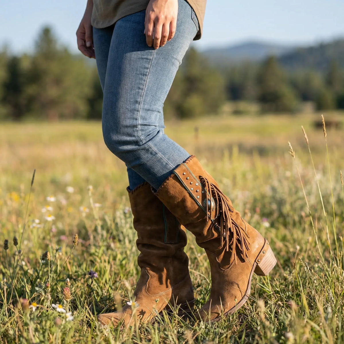 Slouchy Tassel Boots with Turquoise Stone – Western-Inspired Mid-Calf Design for Women | Thomler