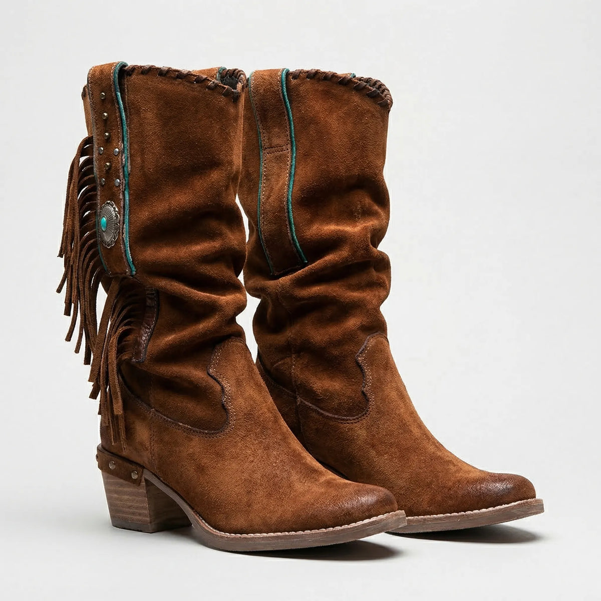 Slouchy Tassel Boots with Turquoise Stone – Western-Inspired Mid-Calf Design for Women | Thomler
