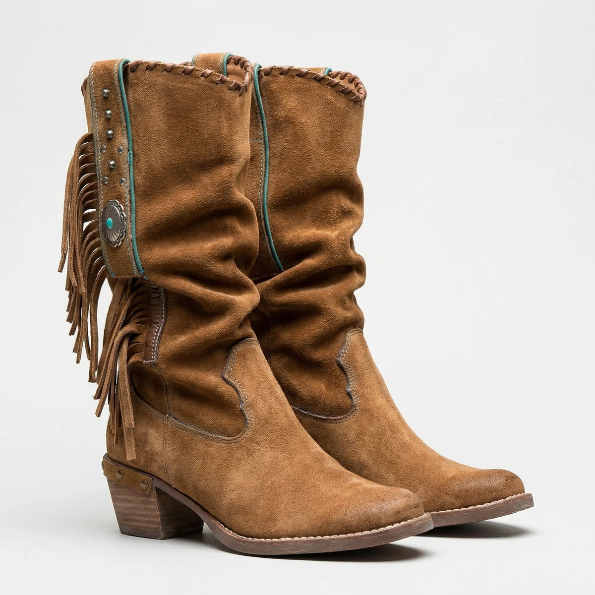 Slouchy Tassel Boots with Turquoise Stone – Western-Inspired Mid-Calf Design for Women | Thomler