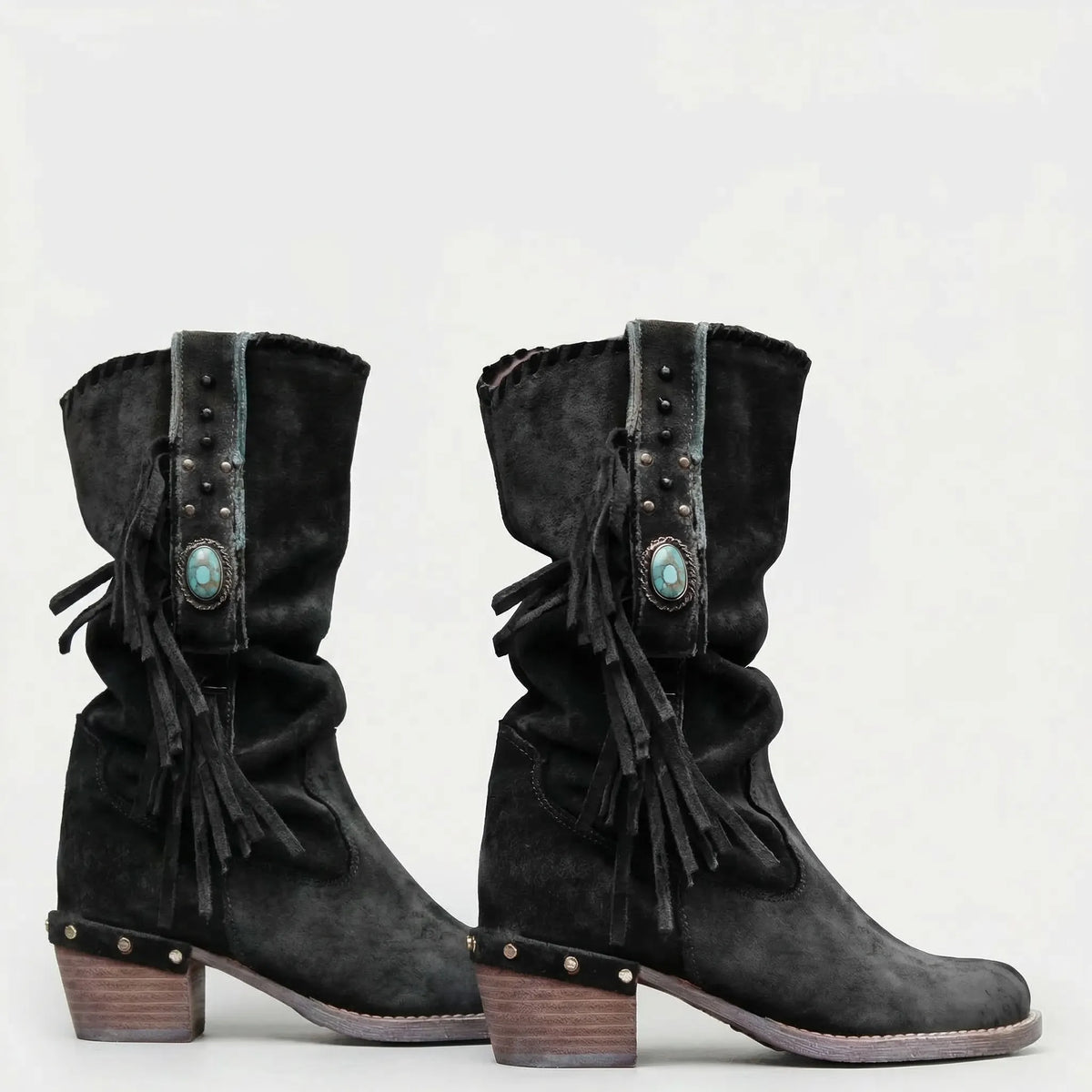 Slouchy Tassel Boots with Turquoise Stone – Western-Inspired Mid-Calf Design for Women | Thomler