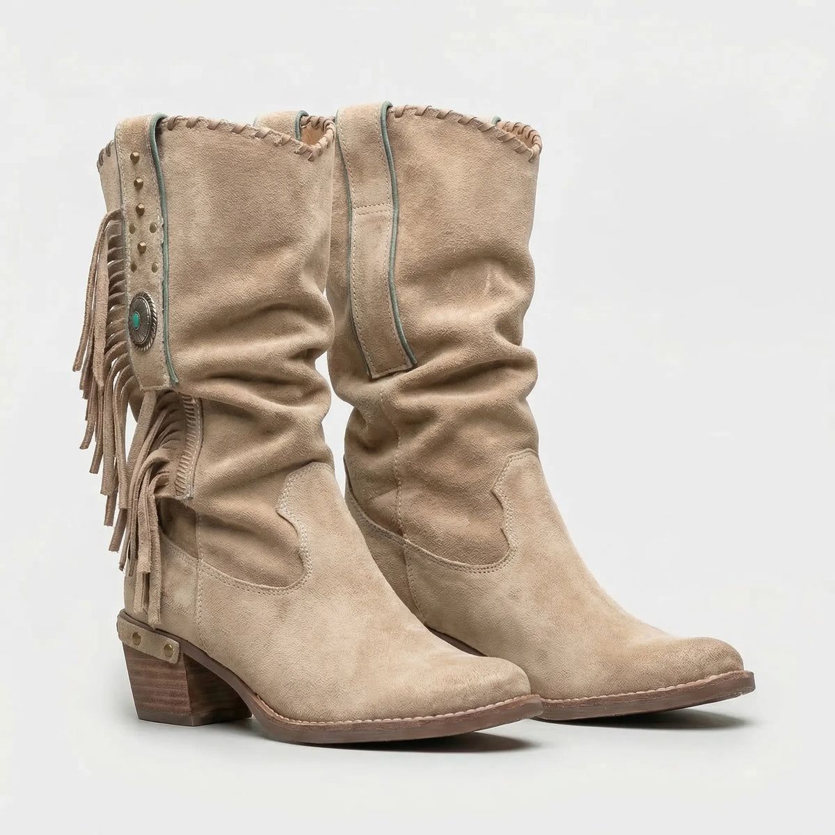 Slouchy Tassel Boots with Turquoise Stone – Western-Inspired Mid-Calf Design for Women | Thomler