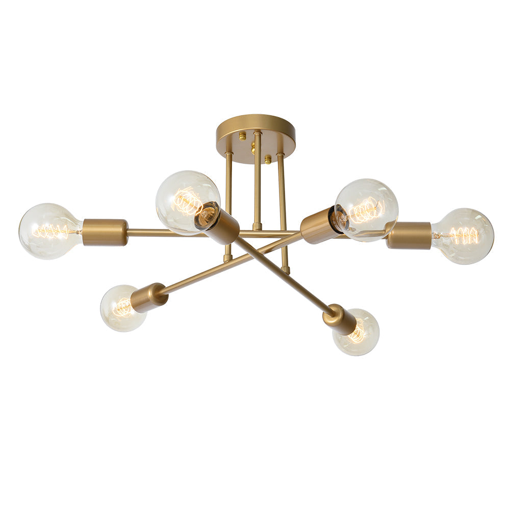 6-Light Starburst Ceiling Fixture in Warm Gold Tone – Close-to-Ceiling Geometric Chandelier for Dining Room, Bedroom & Entryway | Thomler