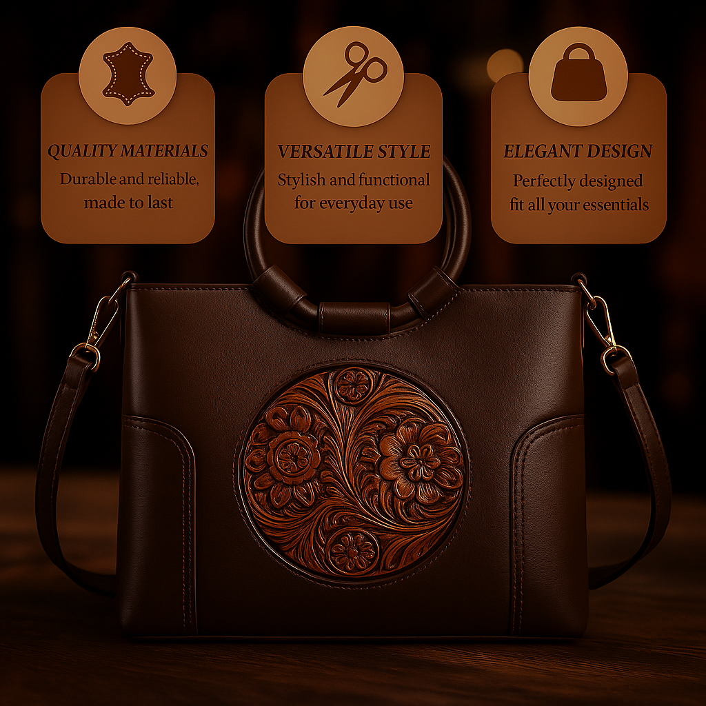 Embossed Leather Handbag for Women with Adjustable Strap and Multiple Compartments – Vintage-Inspired Shoulder Bag Purse | Thomler